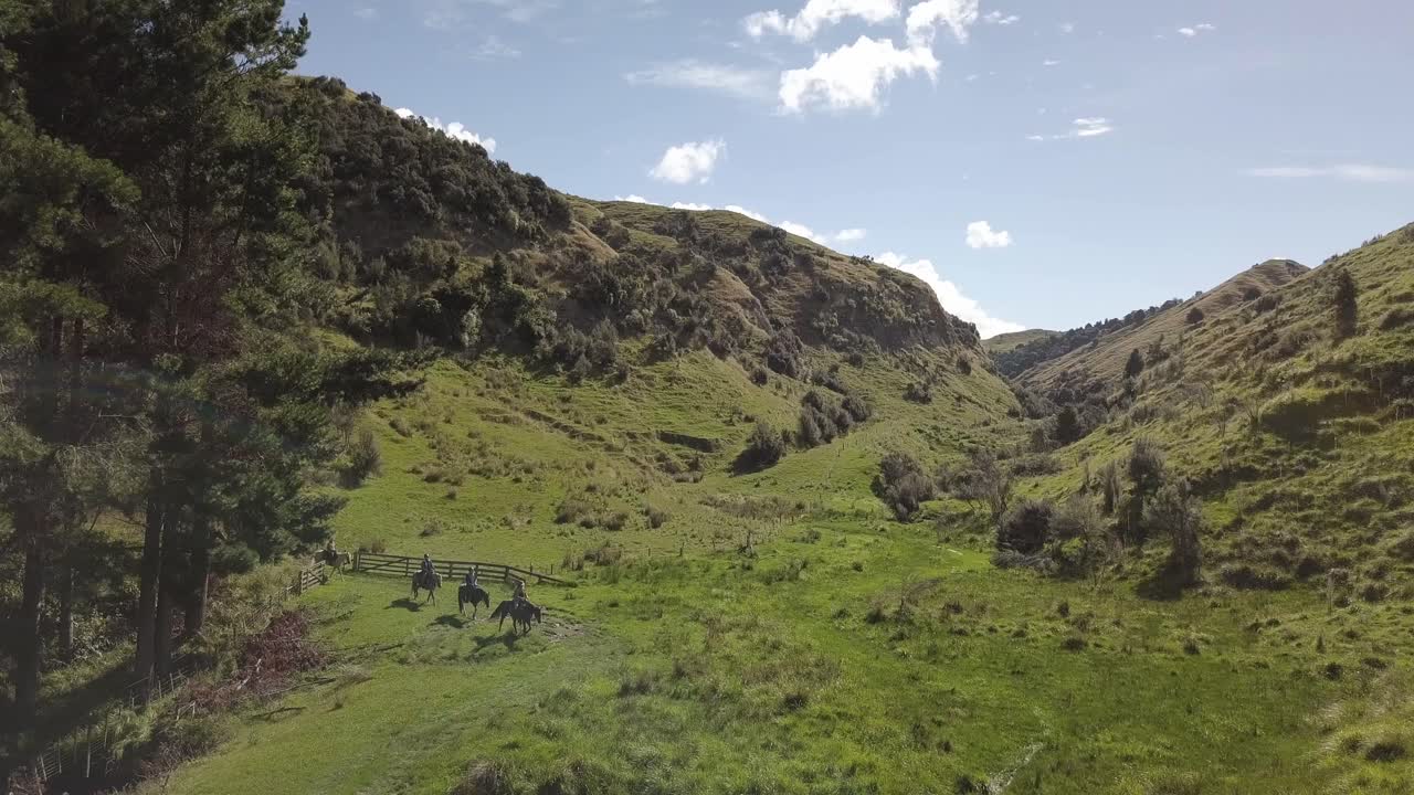 People on horseback arriving at the green mountain grassland of New Zealand - aerial