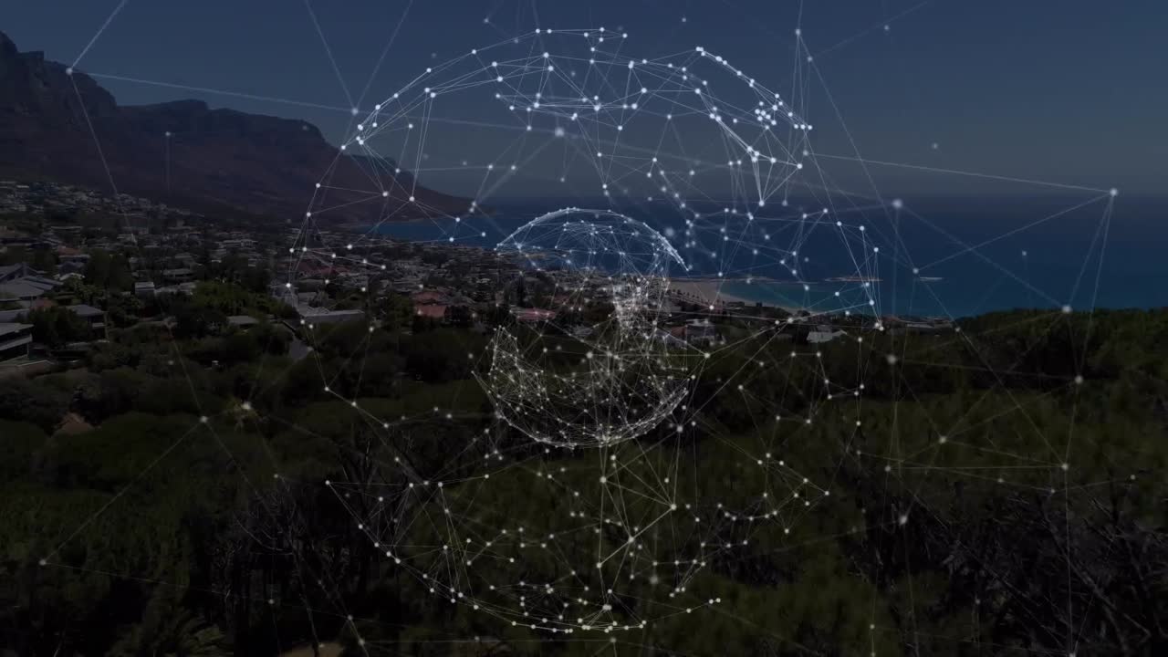 animación de redes de conexiones con el globo sobre el paisaje