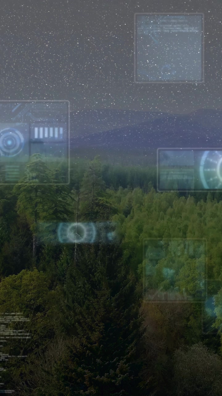 Tech scan initiating forest canopy staying steady while cyan HUD panels emerging and mapping ridge
