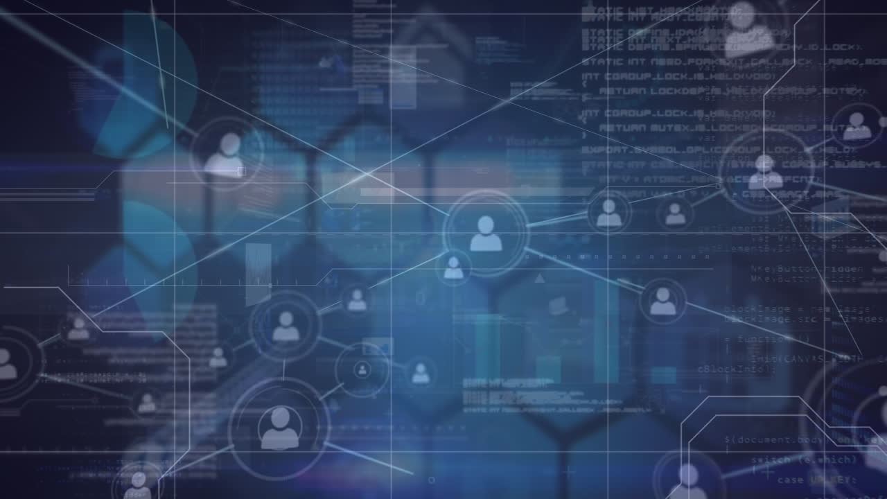 Animation of network of connections and data over navy background