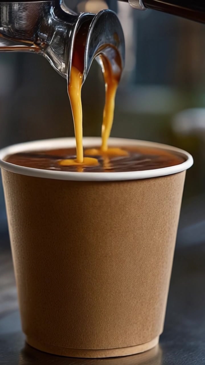 Caffè appena preparato versato in una tazza di carta, catturando il ricco aroma e il flusso dorato dell'espresso in due straordinarie inquadrature del processo di preparazione