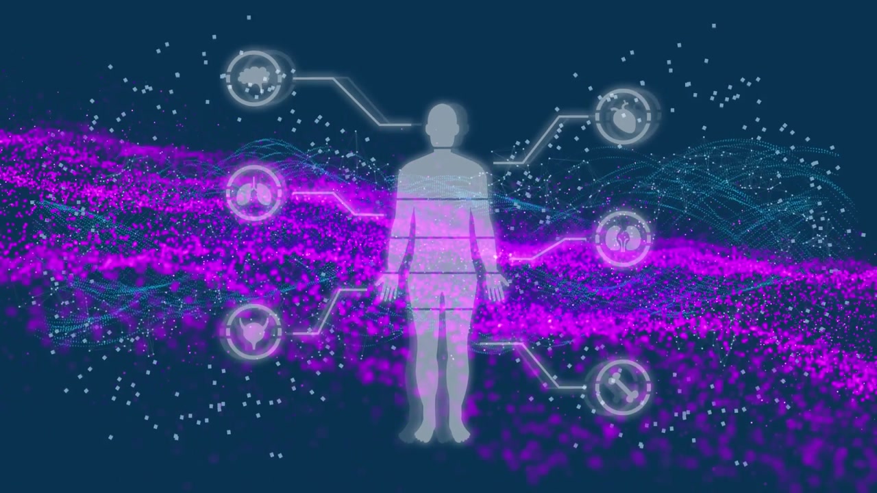 Animation of human brain and black balloons human body scientific data processing