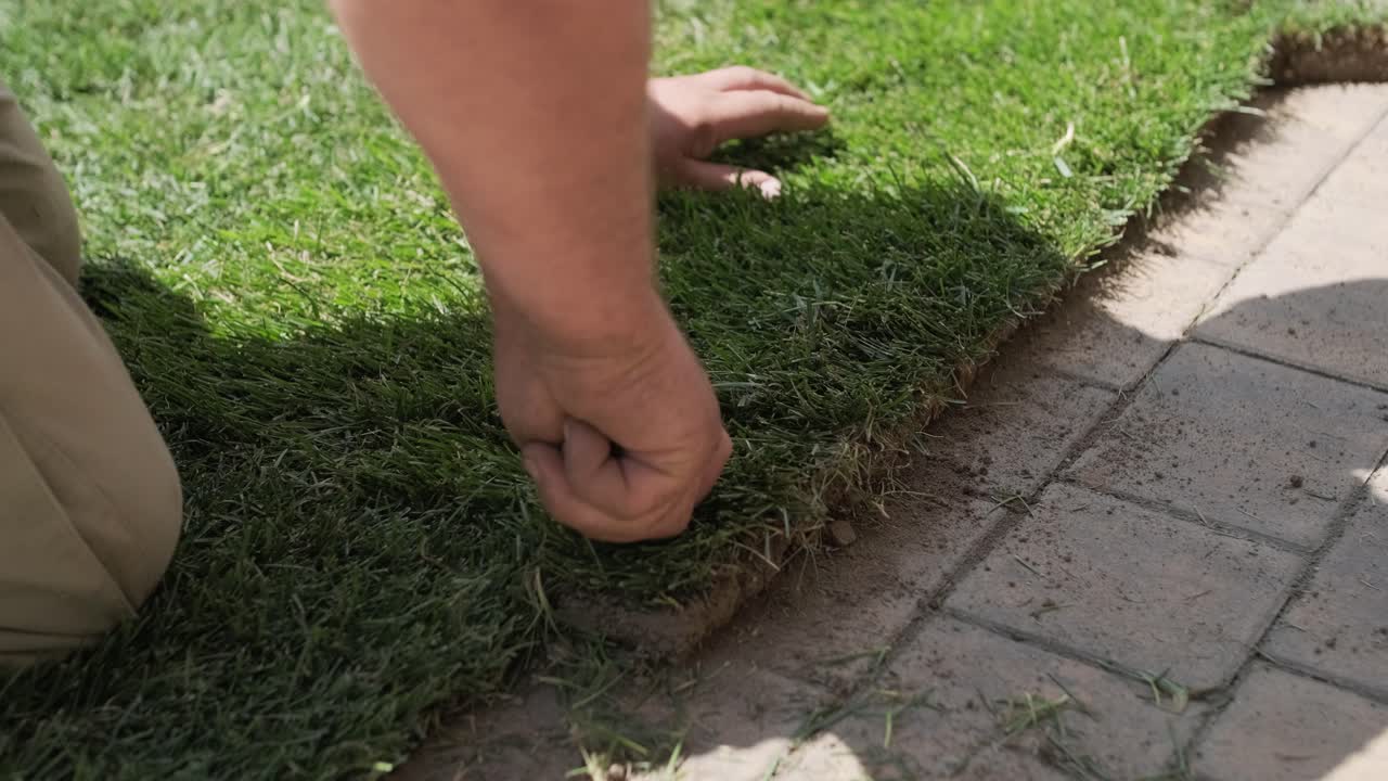 jardinero colocando un rollo de césped natural
