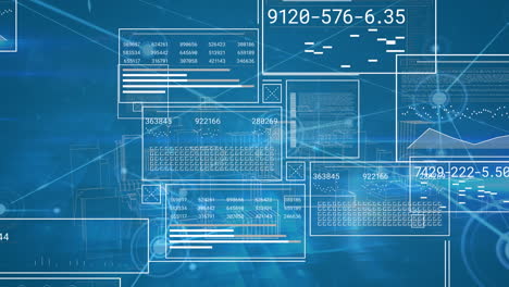 Animation of interfaces with data processing and network of connections against blue background