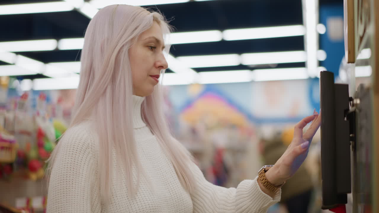 Beautiful expectant mother taps touchscreen kiosk with long painted nails in retail store, interacting with digital display under bright ambient lighting against blurred colorful background