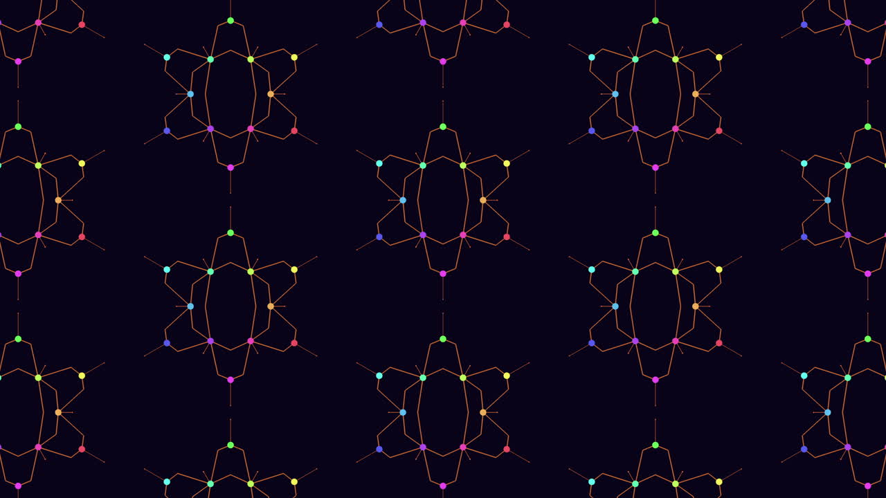 Vibrant geometric pattern featuring symmetrical arrangement of lines and dots in blue, green, and red hues. The design is striking and displays a repetitive motif on a black backdrop