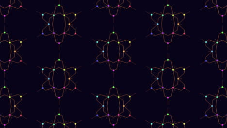 vibrant geometric pattern featuring symmetrical arrangement of lines and dots in blue, green, and red hues. the design is striking and displays a repetitive motif on a black backdrop
