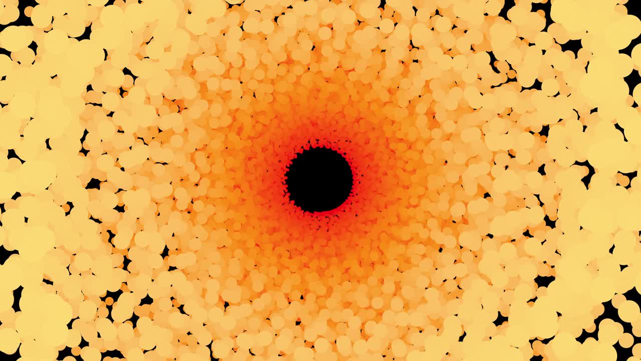 fondo naranja con agujero negro animado y partículas en movimiento.