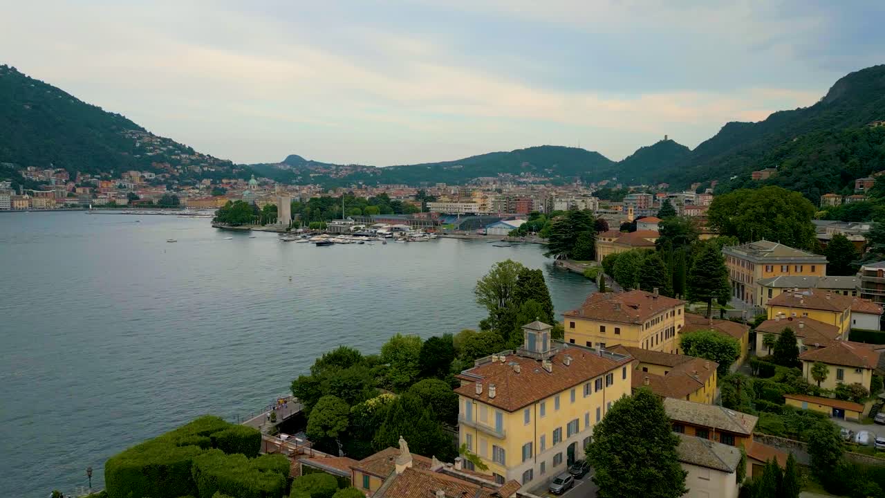 4K Aerial Drone Video of the Beautiful Lakeside Gardens of Villas on Lake Como, Italy in the Summer