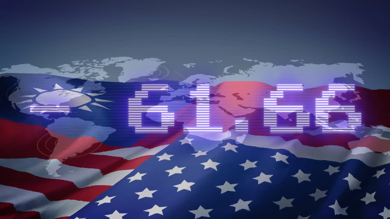 세계 지도 배경으로 대만과 미국의 발 위에 디지털 숫자 애니메이션