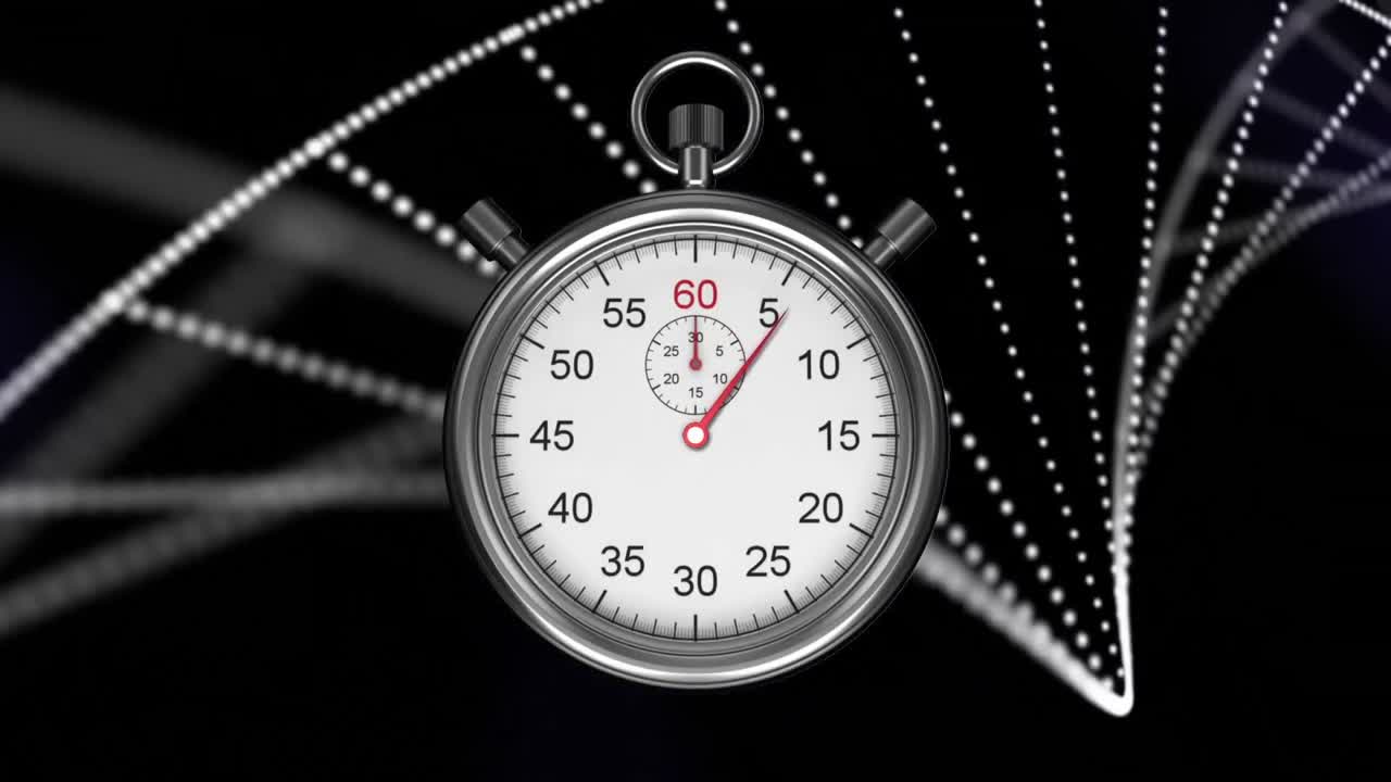 검은색 배경에 dna 가닥 위로 이동하는 타이머의 애니메이션