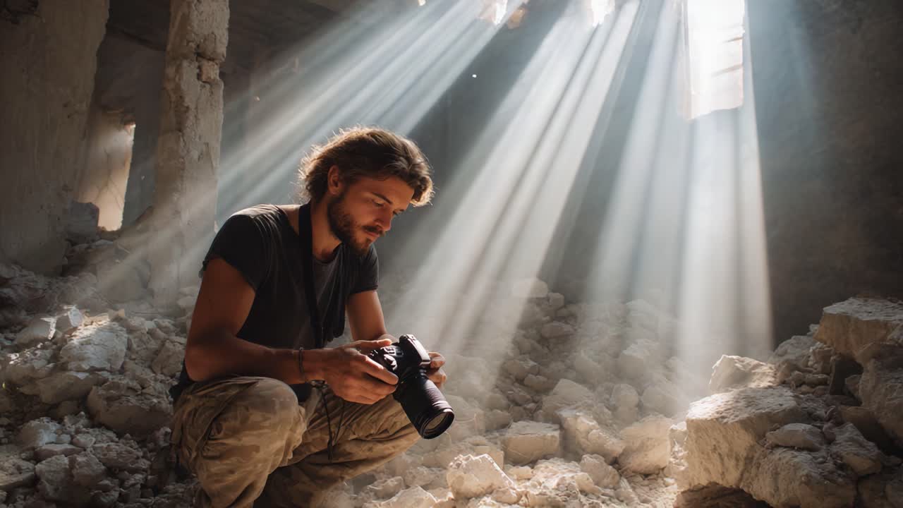 En fotograf fanger skjønnheten i lyset som filtreres gjennom støvete ruiner, fordypet i et øyeblikk av kunstnerisk inspirasjon og ro midt i kaoset av ødeleggelse
