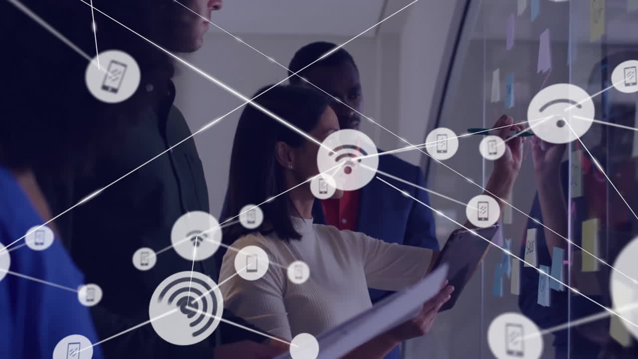 Animation of network of connections over diverse colleagues brainstorming in office