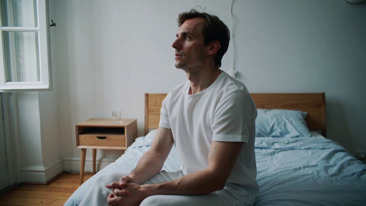 Sitting man on bed in tee clasping hands, shifting gaze at open window, reacting to daylight
