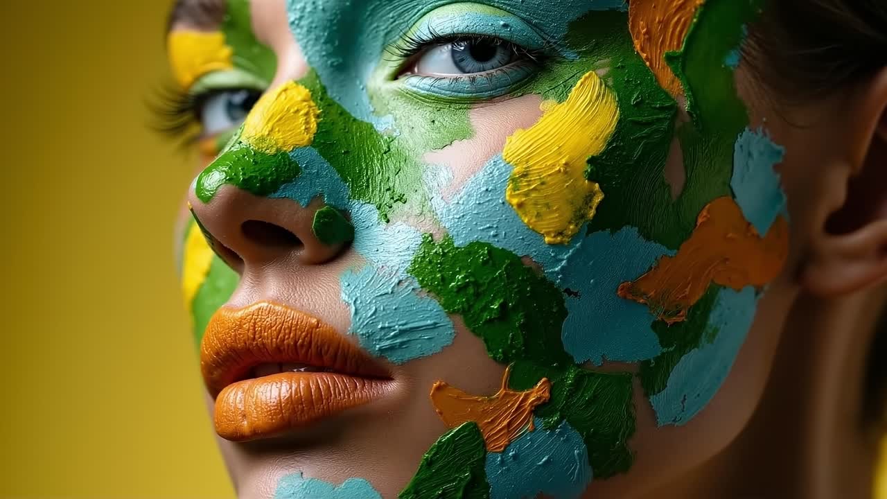 A woman with a green and yellow face paint on her face