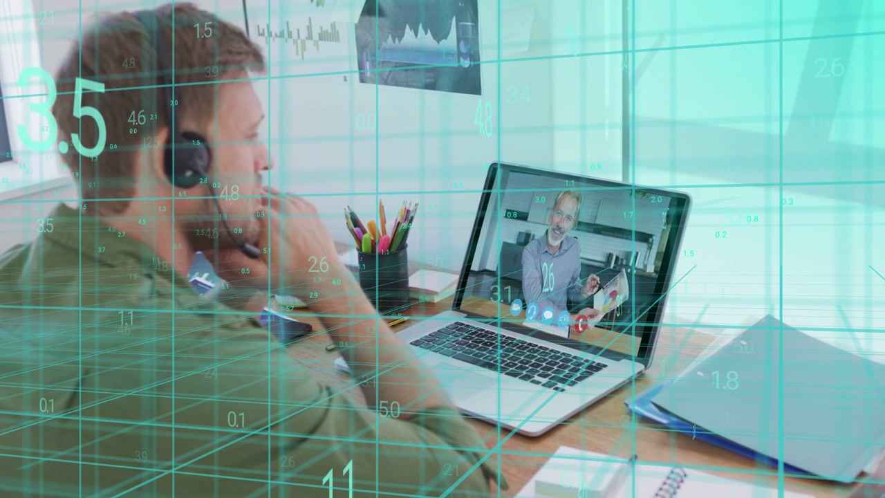Man using headset watching laptop while host on screen gesturing, teal grid numbers rising for tech