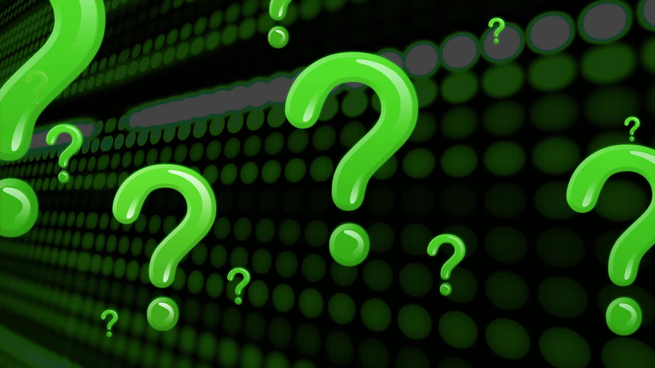 animación de signos de interrogación y red de conexiones en fondo negro