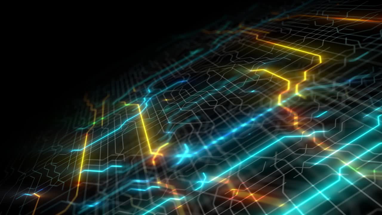 4k bucle de placa de circuito, placa base, chip digital. fondo de ciencia tecnológica. procesador de comunicación integrado. componente de ingeniería de la información con bokeh. tecnología de hardware de computadora de renderización 3d