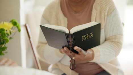 hands, reading and bible study with rosary