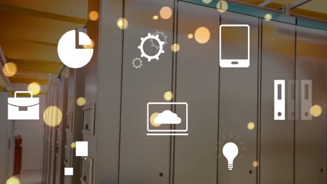 animation of multiple digital icons and glowing orange light spots falling against server room