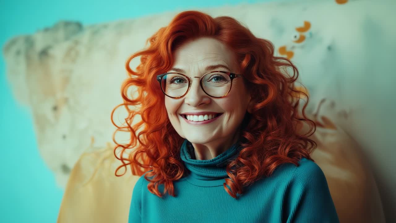 Camera widening revealing senior woman wearing tortoise glasses, teal turtleneck smiling in studio