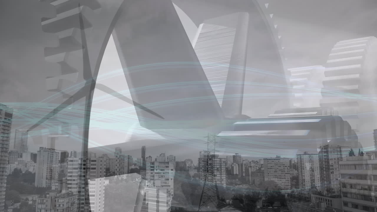 animación de engranajes girando sobre el paisaje urbano.