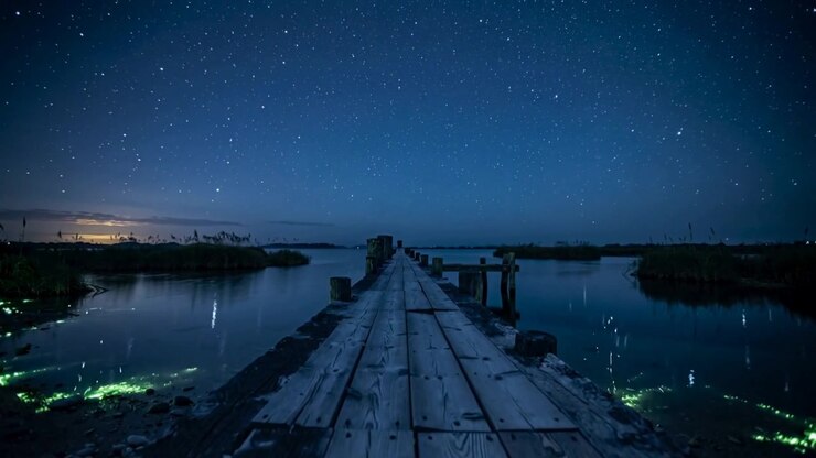Macchie bioluminescenti pulsanti che creano increspature e stelle cangianti vicino a un molo di legno, bagliore all'orizzonte.