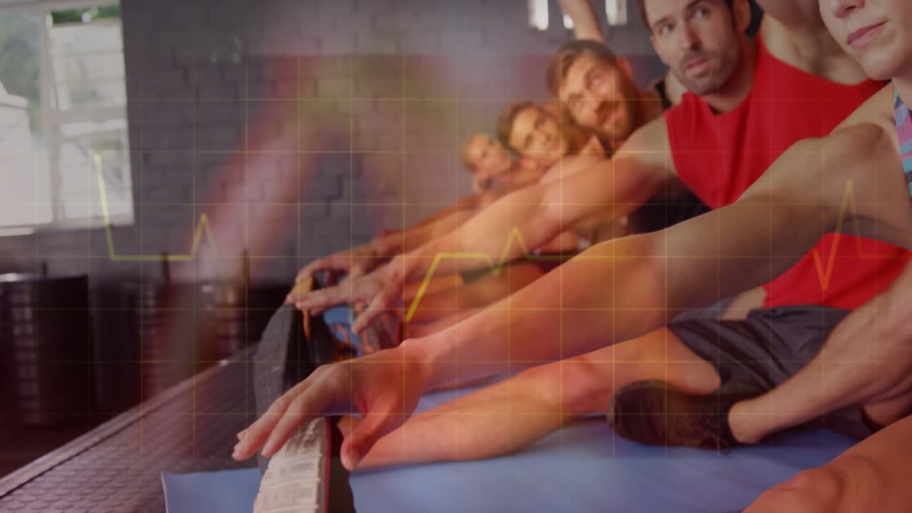 Group reaching low bar, lifting arms to side for fitness while grid+pulse overlay, camera closing