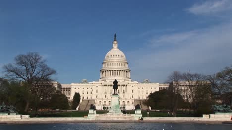 la cámara se acerca a través de la piscina reflectante del capitolio de estados unidos hacia el lado oeste de la cúpula del capitolio