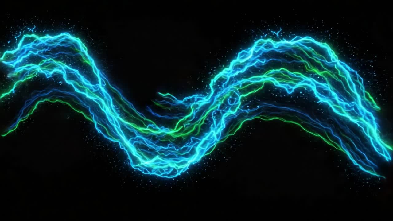 A Stunning Representation of Vibrant Electric Waves Flowing in a Fluid Motion, Showcasing Striking Blue and Green Colors Against a Dark Background