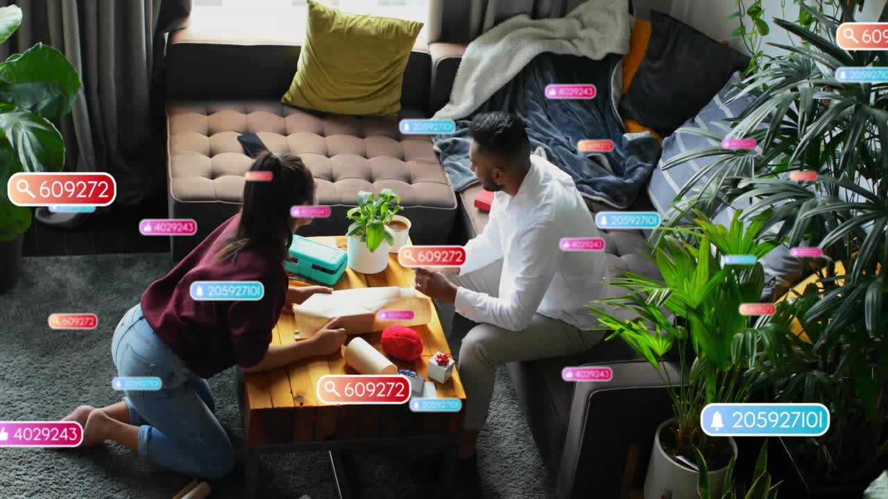 animación de notificaciones en las redes sociales sobre diversos regalos de envoltura para parejas