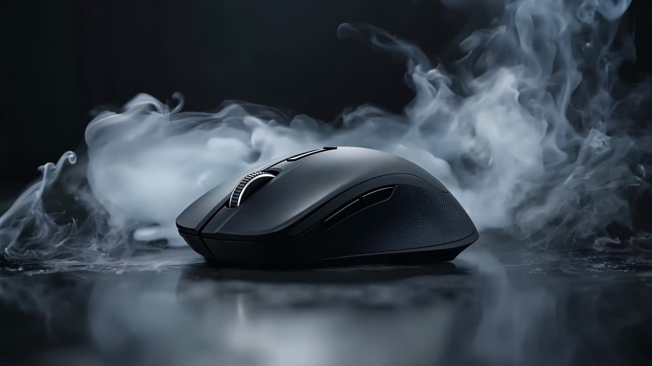 A black computer mouse sitting on top of a table covered in smoke