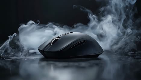 a black computer mouse sitting on top of a table covered in smoke