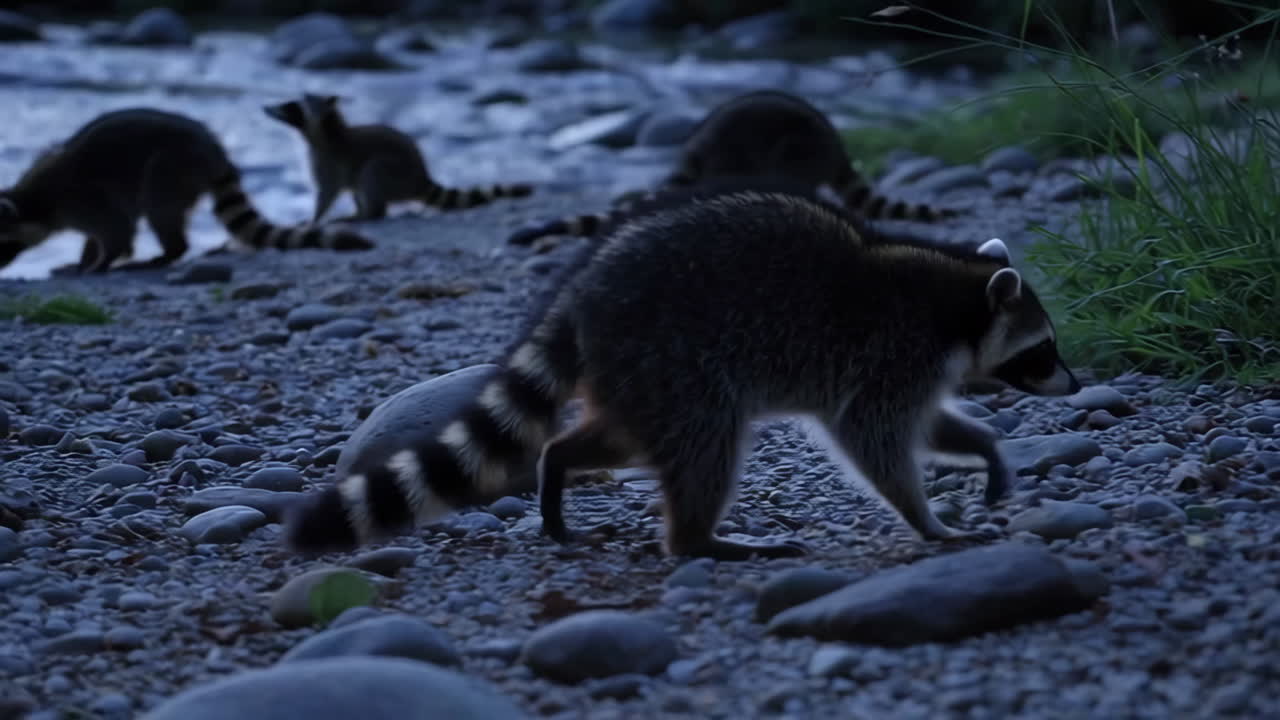 Raccoons by the River at Dusk
