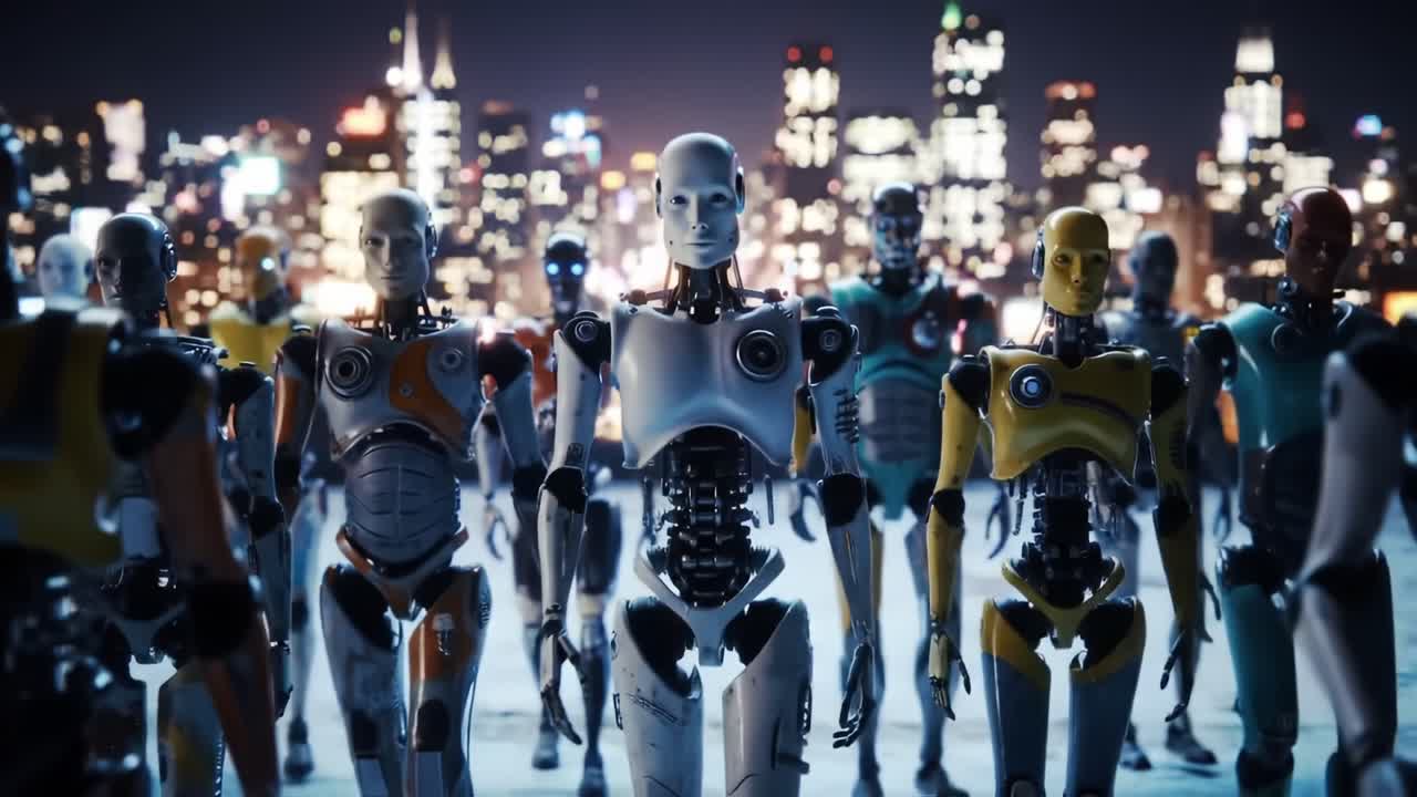 A futuristic assembly of humanoid robots stands in unison against a bustling city skyline, showcasing advanced technology and innovation in robotics under a glowing night sky