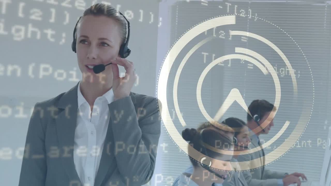 Animation of data processing over business people using phone headset