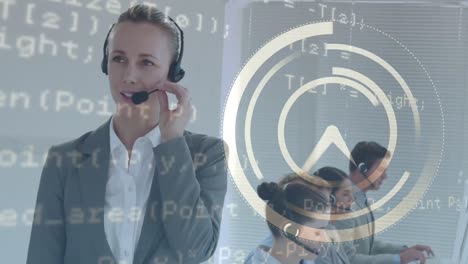 animation of data processing over business people using phone headset