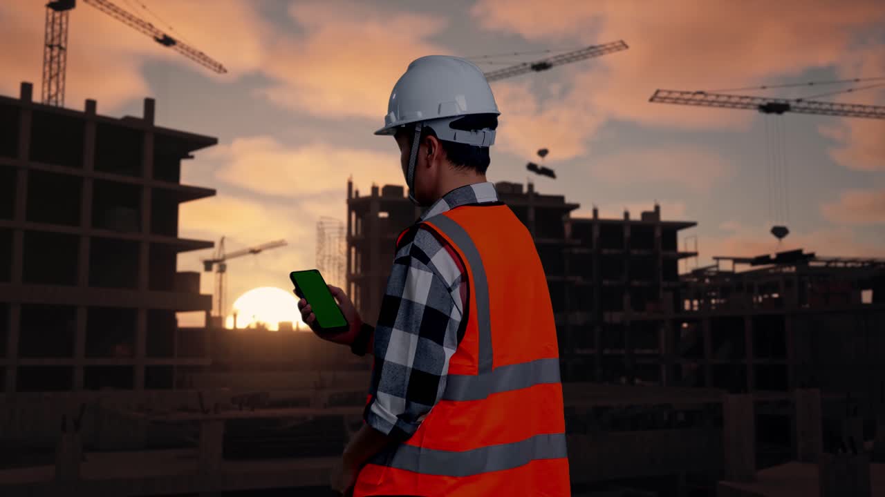 Back View Of Asian Male Engineer With Safety Helmet Working On A Green Screen Smartphone And Looking Around While Standing At Building & Construction Site in Progress to New House