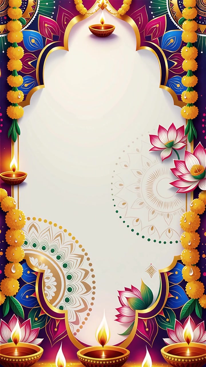 Sfondo Diwali con Diyas luminosi, Rangoli e fiori di loto