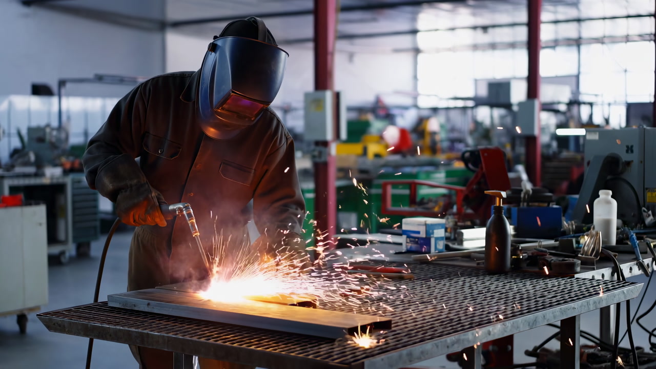 Worker Plasma Cutting Metal In Factory With Bright Interior Light, Helmeted Technician Using Plasma Torch