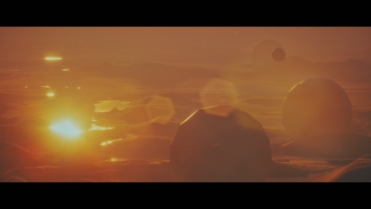 Alien planet desert landscape during sunset with strange sphere-shaped buildings