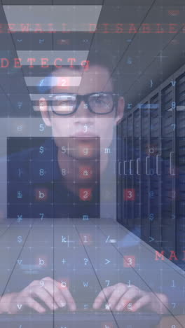 animation of cyber attack warning text and numbers processing over male hacker and computer servers