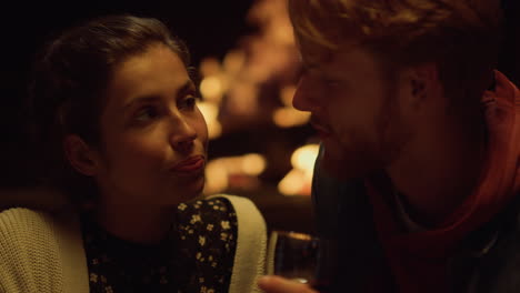 young couple drink wine glass in holiday house closeup. honeymoon concept.