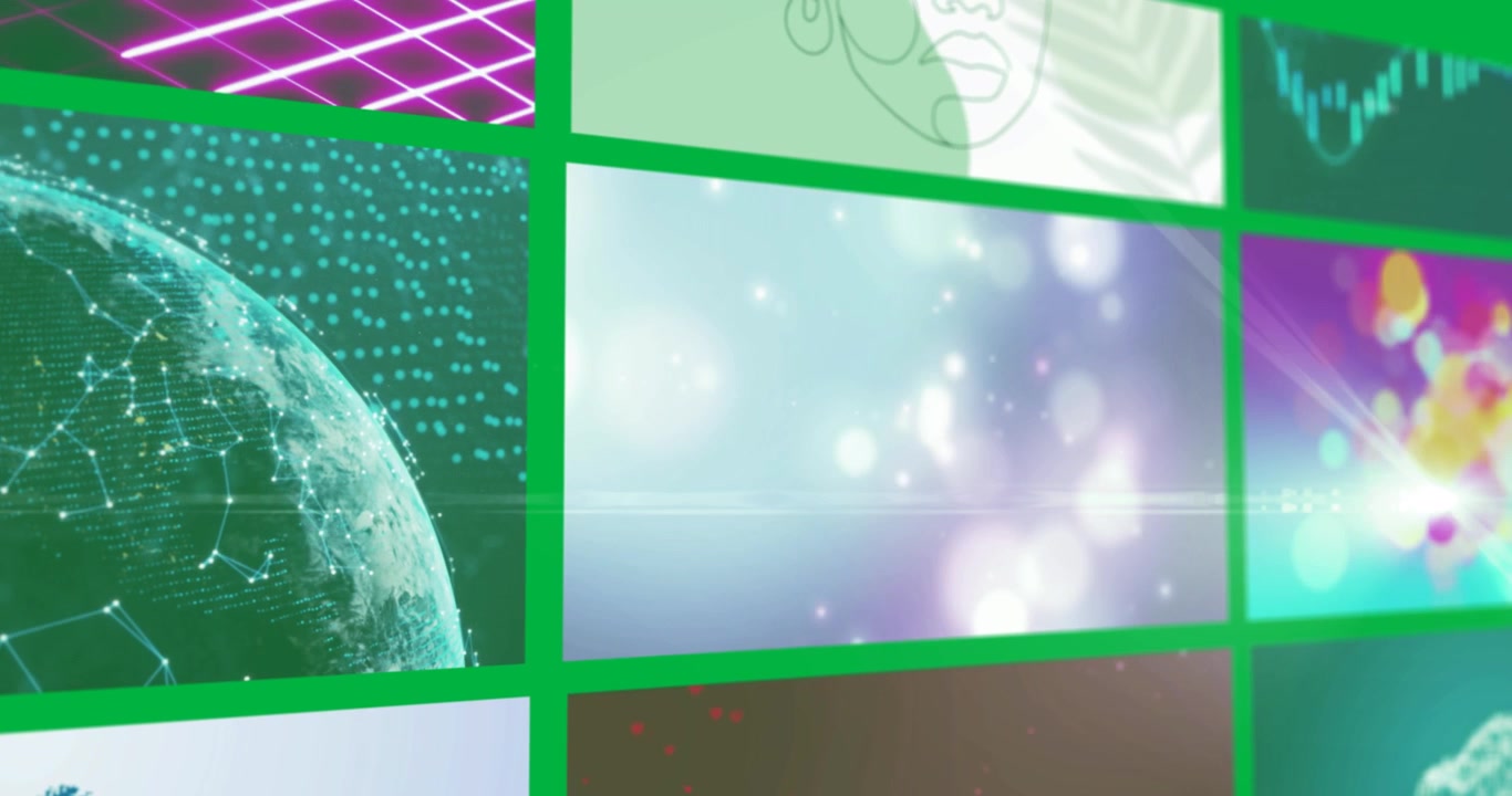 Composite of nine scrolling screens, showing digital technology media and communication clips