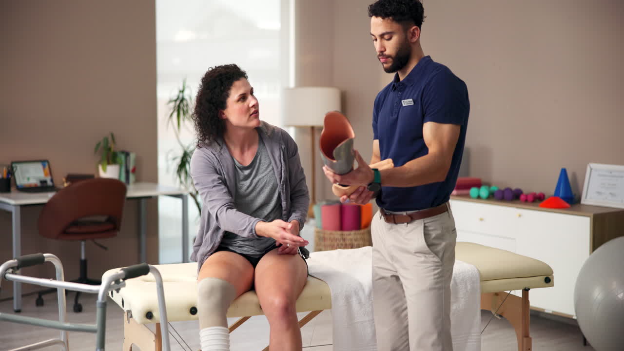 un fisioterapeuta explica el uso de una pierna protésica a un paciente
