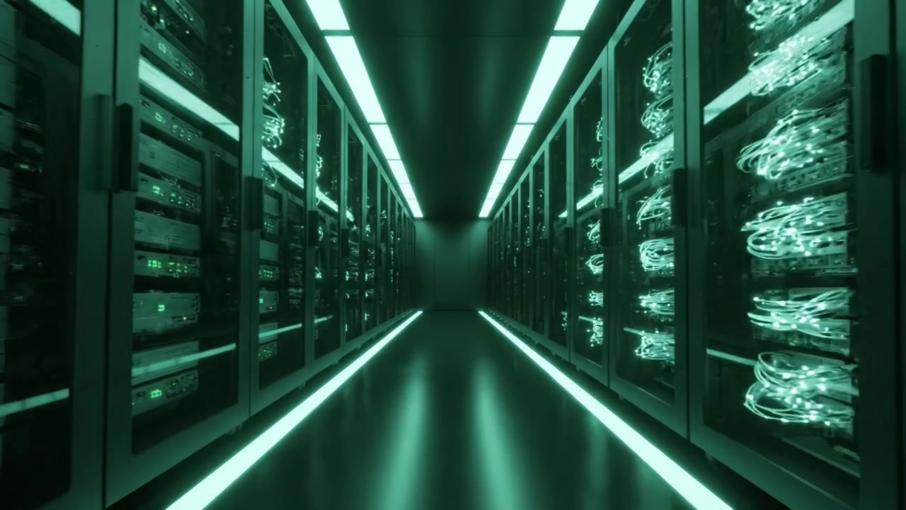 Illuminated Server Room with Glass Panels, Showcasing High-Tech Hardware and Neon Lighting in a Sleek, Futuristic Data Center Environment