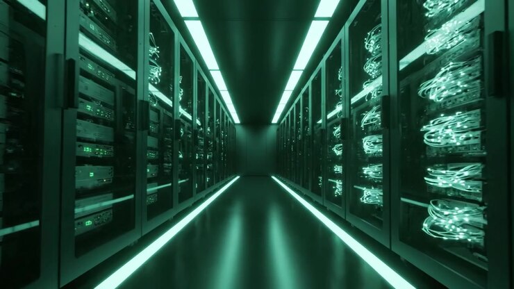 Illuminated Server Room with Glass Panels, Showcasing High-Tech Hardware and Neon Lighting in a Sleek, Futuristic Data Center Environment