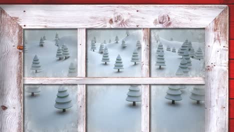 animación de nieve cayendo y paisaje de invierno de navidad visto a través de la ventana