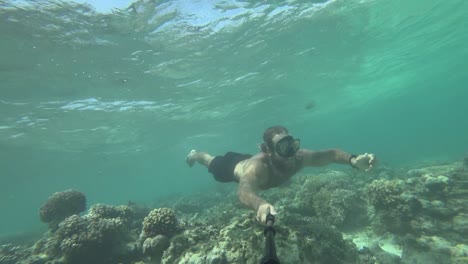 a young, fit and strong man with long hair and beard is swimming with snorkeling goggles holds a selfie stick to film himself exploring the coral reef with its strange variety of plants