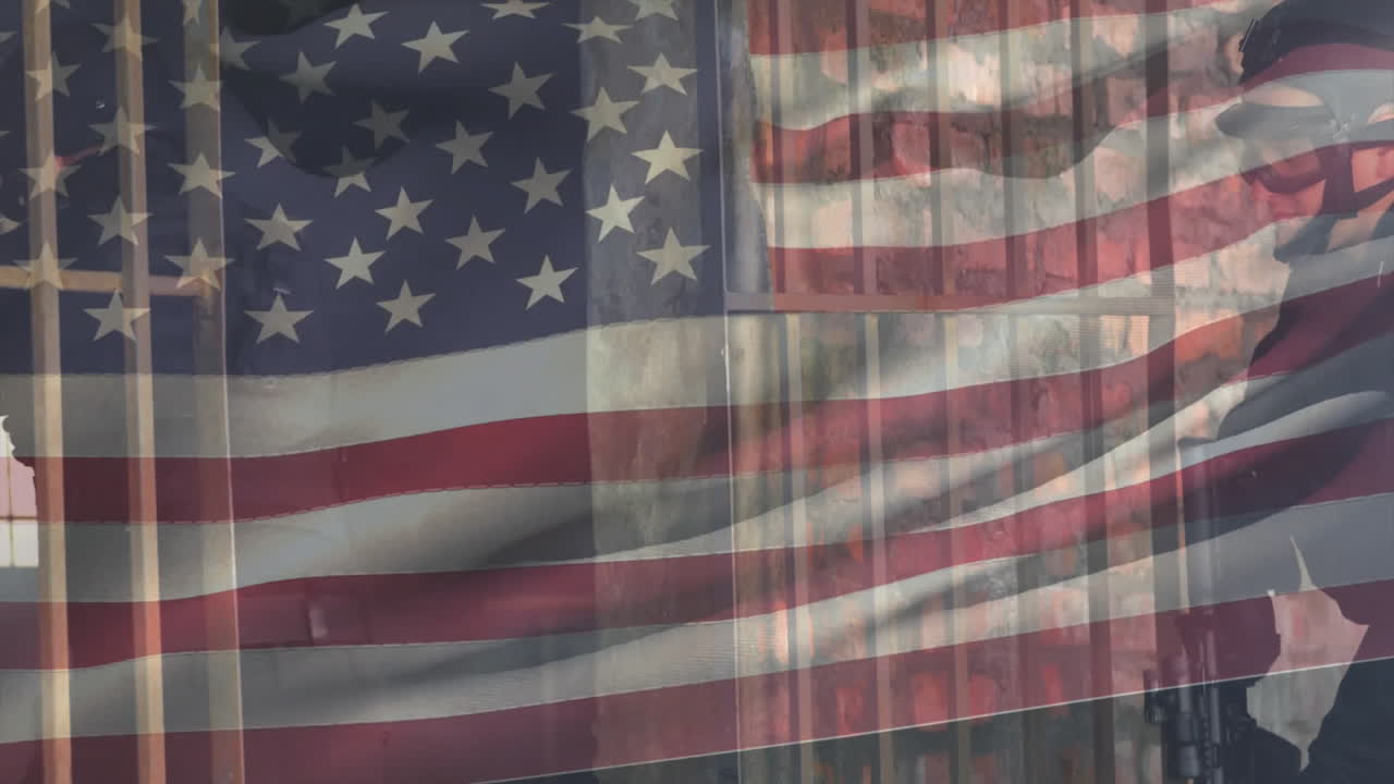 Animation of flag of usa over diverse male soldiers